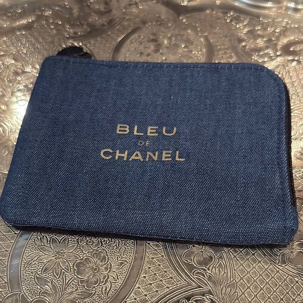 CHANEL Navy Denim Pouch with Gold Lettering Blue